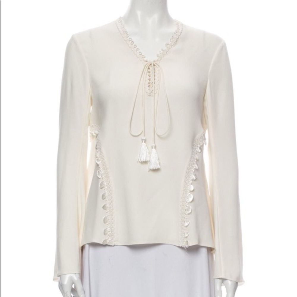 Jonathan Simkhai Boho White Long Sleeve Peasant Blouse | Tassel Tie & Lace Trim